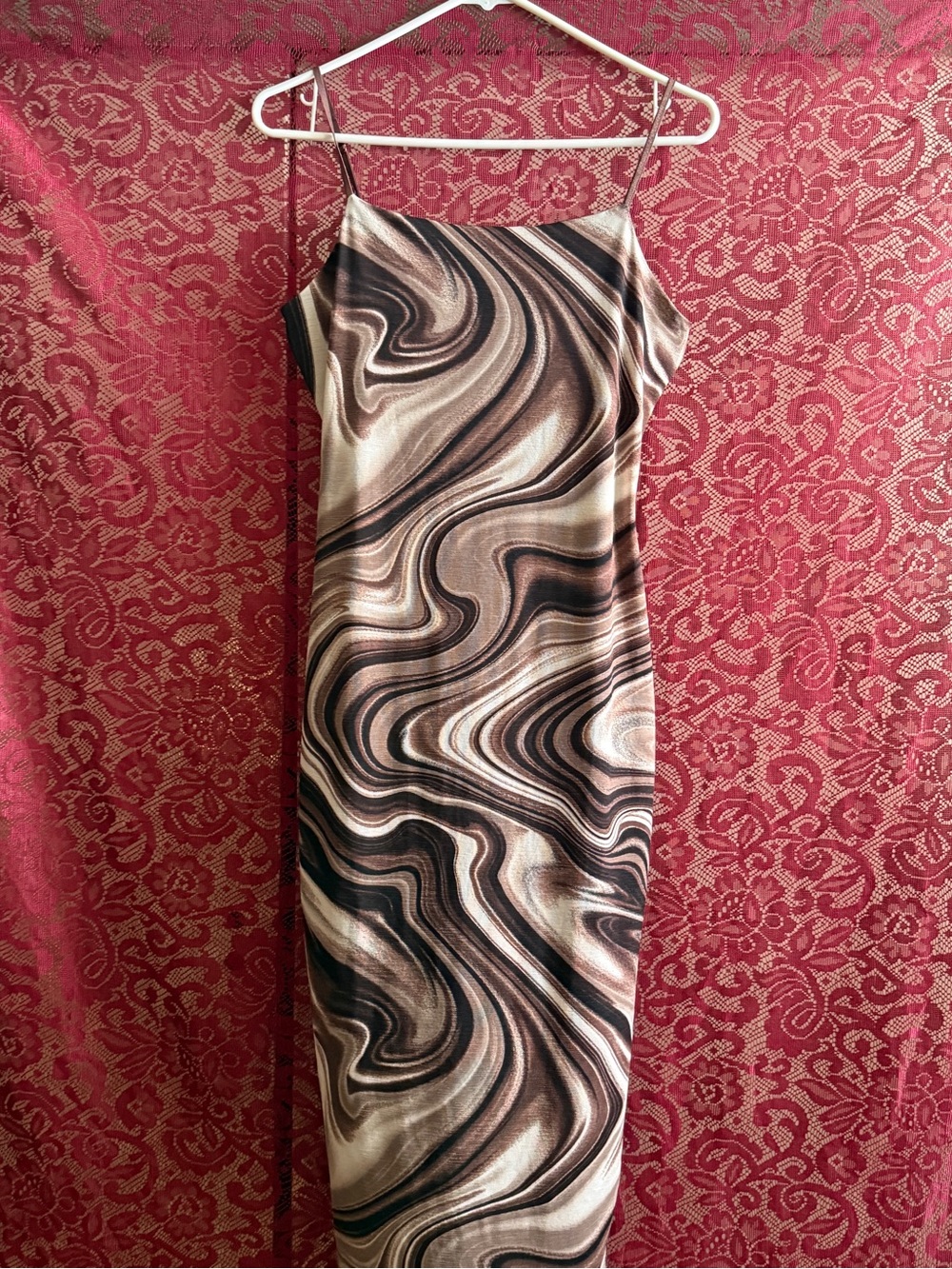 Bluebell Brown Marble Swirl Print Slip Dress Midi Maxi Camisole Size L